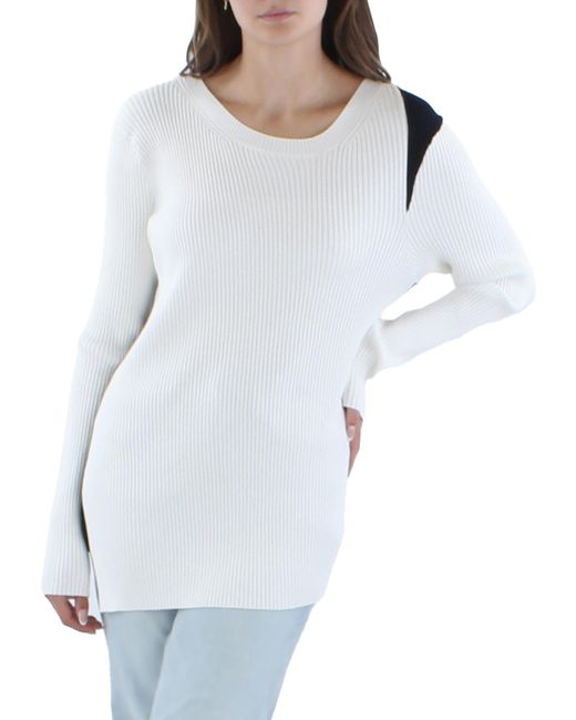 DKNY White Ribbed Colorblock Crewneck Sweater