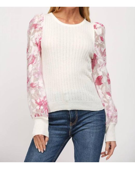 Fate Gray Floral Print Organza Sleeve Cable Knit Sweater