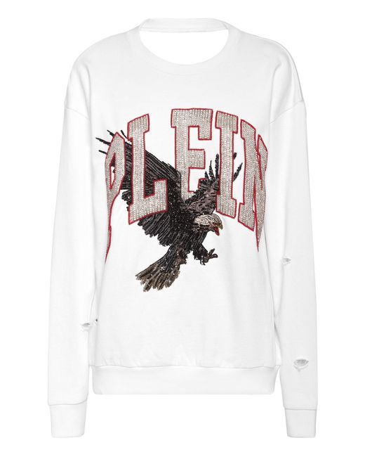 Philipp Plein White Open Back Roundneck Sweatshirt Plein Eagle