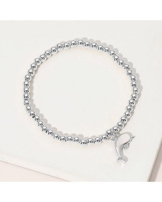 Fashnzfab Metallic Stainless Steel Ball Mother Of Pearl Dolphin Charm Beaded Stretch Bracelet Mother Of Pearl