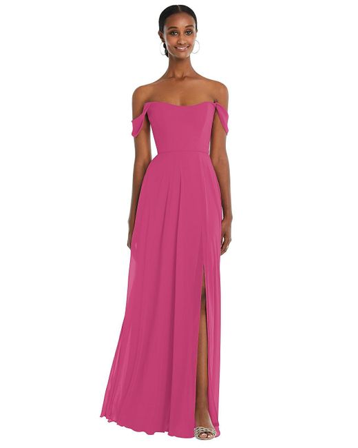 After Six Pink Off-the-shoulder Basque Neck Maxi Dress With Flounce Sleeves