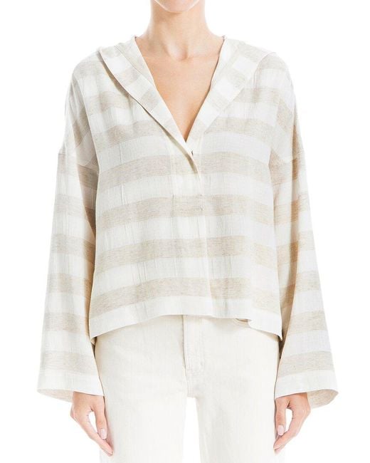 Max Studio White Striped Linen-blend Hooded Shirt