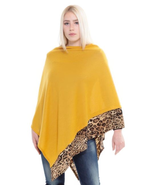 TRUEDAMES Yellow All Year Round Leopard Trim Solid Poncho