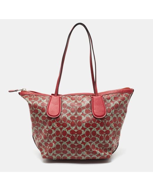 COACH Red /grey Signature Coated Canvas And Leather Taxi Zip Tote