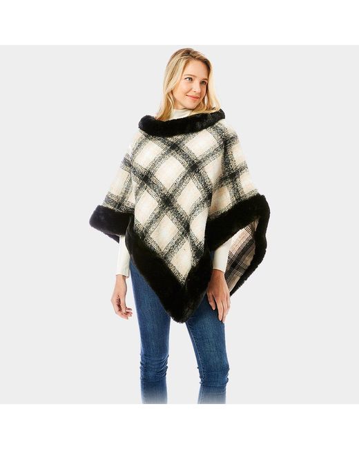TRUEDAMES Black Plaid Check Patterned Faux Fur Trimmed Poncho