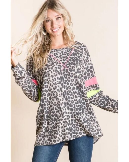 TRUEDAMES Multicolor Leopard Thermal Top With Contrast Color Block