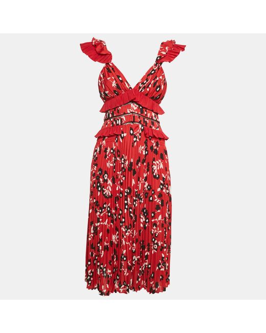 Self-Portrait Women's Red Floral Print Plisse Ruffled Midi Dress