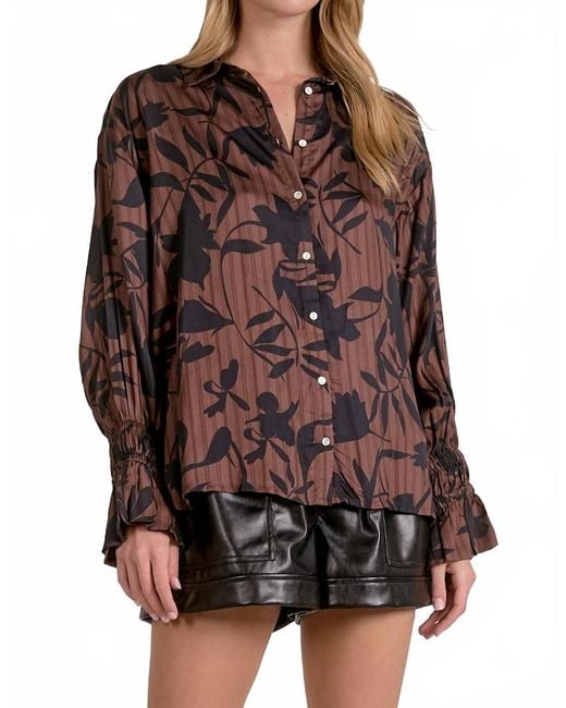 Elan Brown Gwen Fall Button Down Blouse