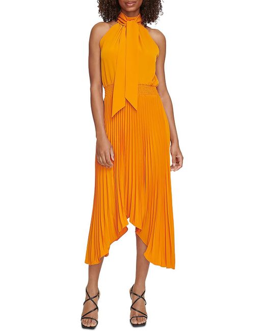 Karl Lagerfeld Orange Pleated Halter Sheath Dress