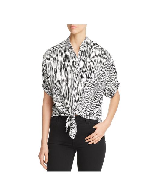 Three Dots Gray Animal Print Tie Front Button-down Top