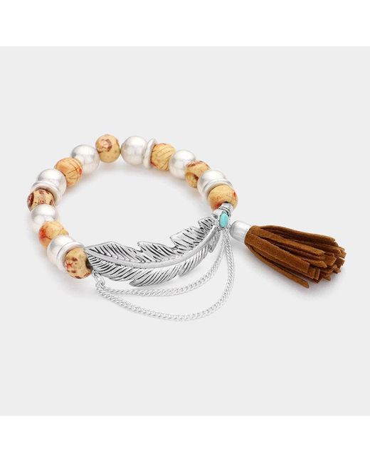Fashnzfab Metallic Metal Feather Accented Faux Suede Tassel Stretch Beaded Bracelet, Neutral