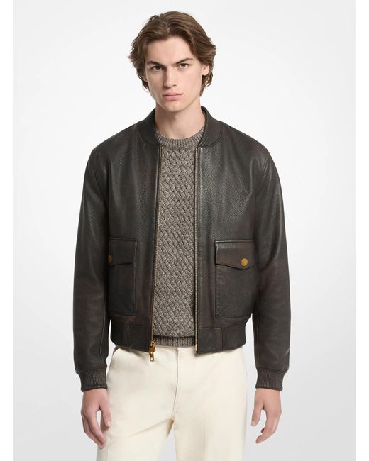 Michael Kors Black Pebbled Leather Bomber Jacket for men