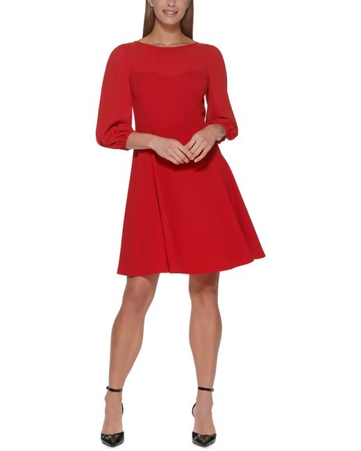 DKNY Red Puff Sleeve Knee Cocktail And Party Dress