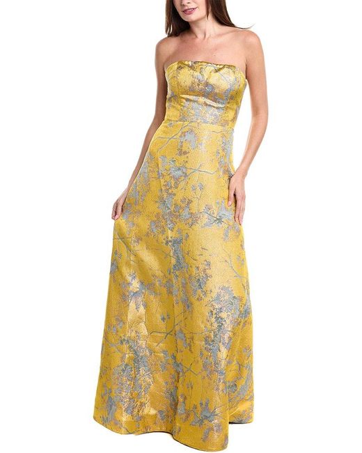 Rene Ruiz Yellow Strapless Jacquard A-Line Gown
