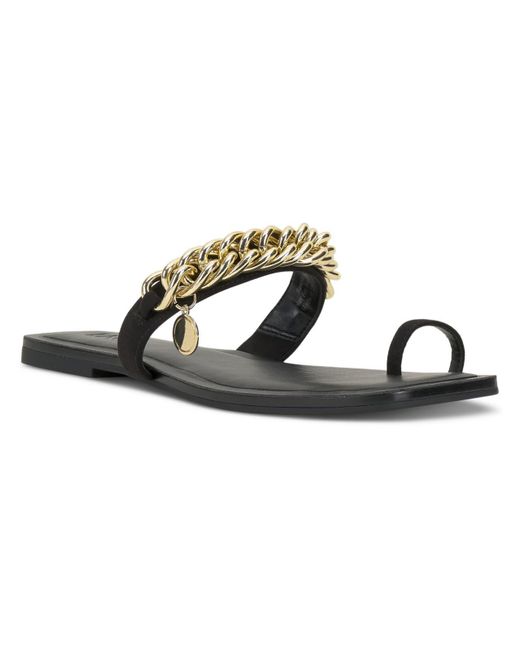INC Black Peetie Faux Leather Chain Slide Sandals