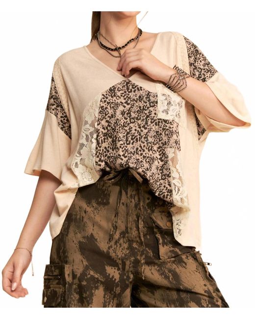 Davi & Dani Brown Leopard & Lace Patchwork Top