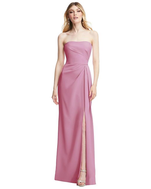 After Six Pink Strapless Pleated Faux Wrap Trumpet Gown With Front Slit