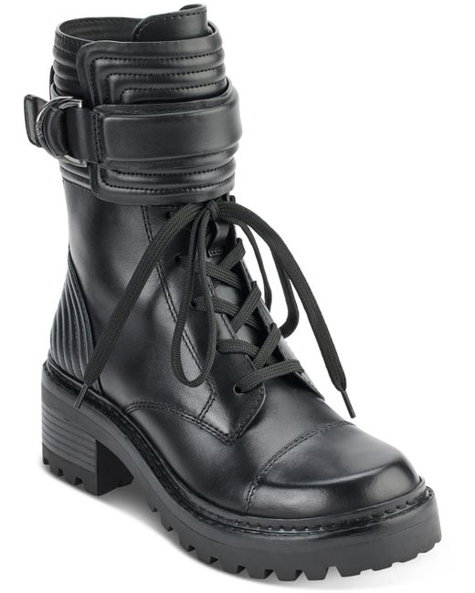 DKNY Black Basia Leather Quilted Combat & Lace-up Boots