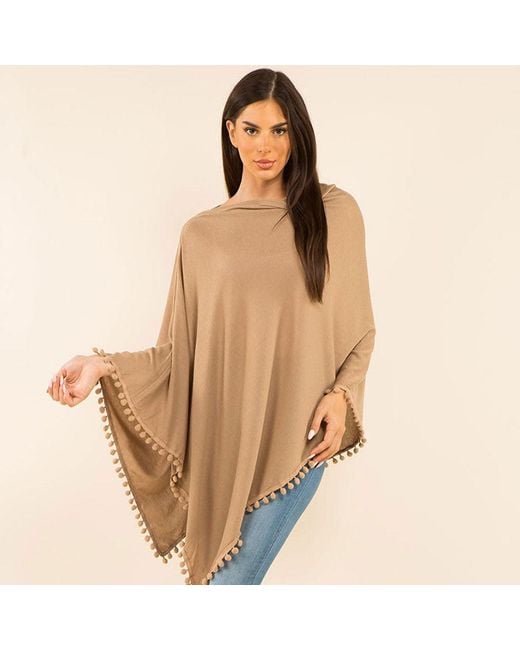 TRUEDAMES Natural Pom Pom Trim Solid Asymmetrical Poncho