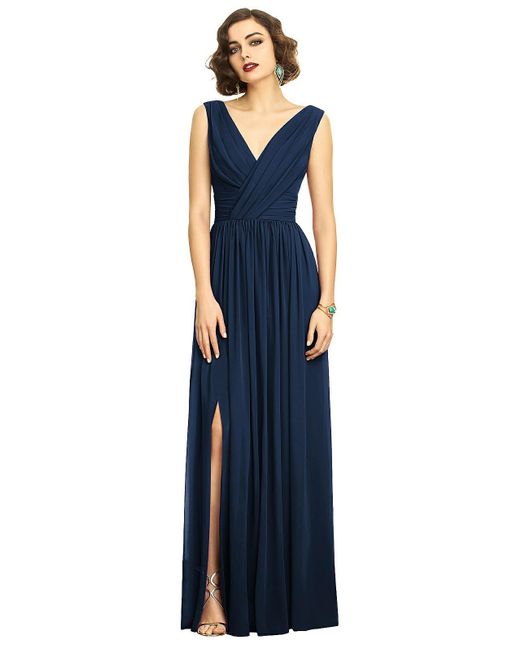 Dessy Collection Blue Sleeveless Draped Chiffon Maxi Dress With Front Slit