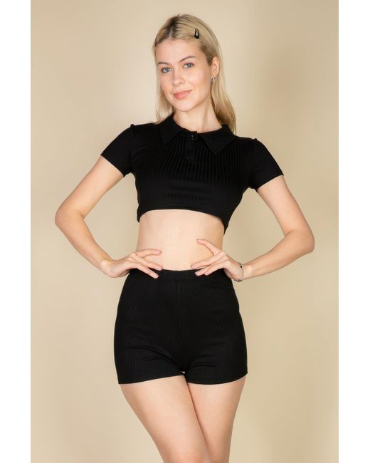 TRUEDAMES Black Fashnzfab Ribbed Collared Short Sleeve Crop Top & Shorts Set