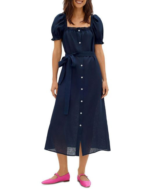 Sleeper Blue Brigitte Linen Puff Sleeves Maxi Dress