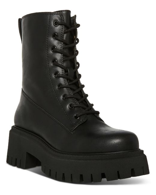 Madden Girl Black Knight Faux Leather Lug Sole Combat & Lace-up Boots