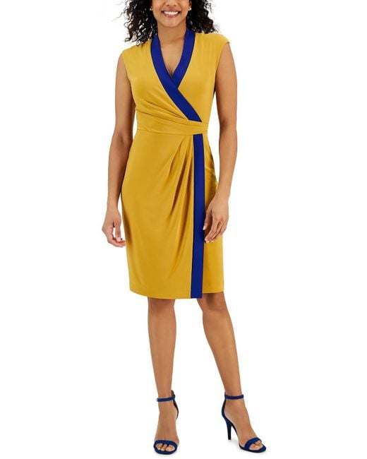 Kasper Yellow Colorblock Short Wrap Dress