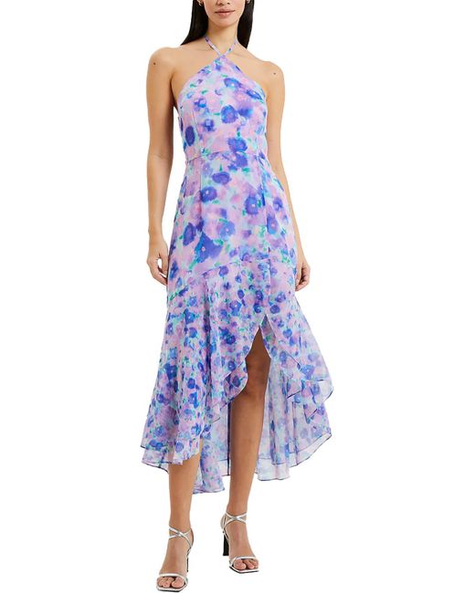 French Connection Blue Gretha Printed Hi-low Halter Dress