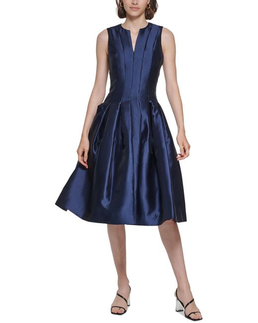Calvin Klein Blue Pleated Polyester Fit & Flare Dress