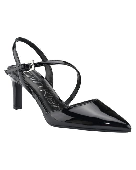 Calvin Klein Black Loden Patent Pointed Toe Slingback Heels
