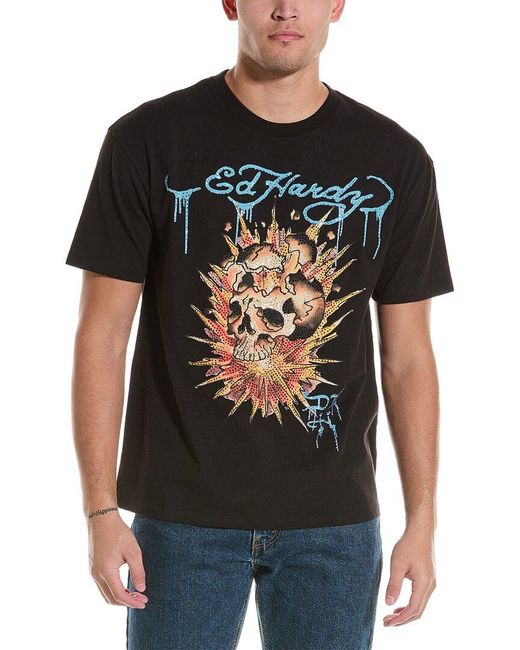 Ed Hardy Black Limited Edition Fire Skull T-shirt for men