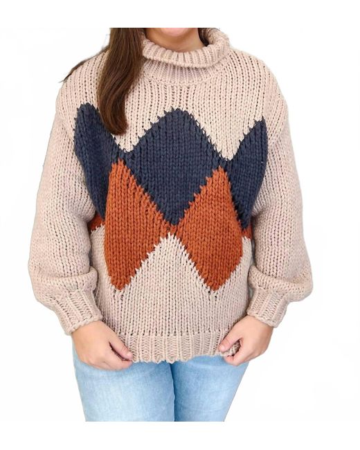 Anniewear Blue Argyle Pattern Turtleneck Yarn Sweater