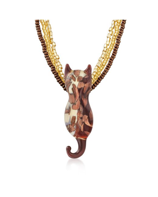 Ross-Simons Metallic Italian Brown And Gold Murano Glass Bead Cat Necklace
