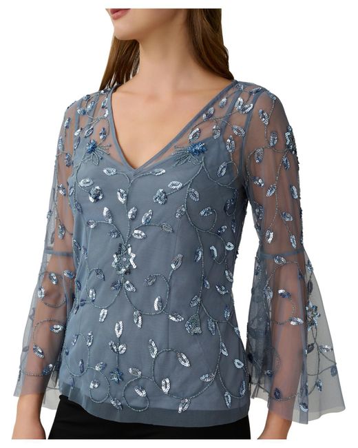 Adrianna Papell Blue Mesh Embellished Blouse