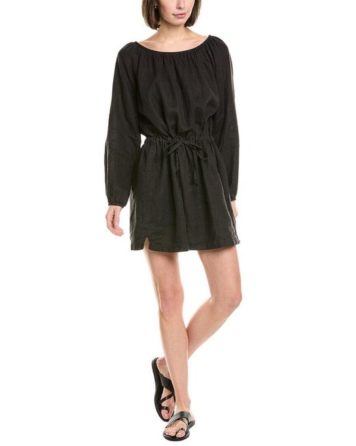 James Perse Black Gathered Linen Mini Dress