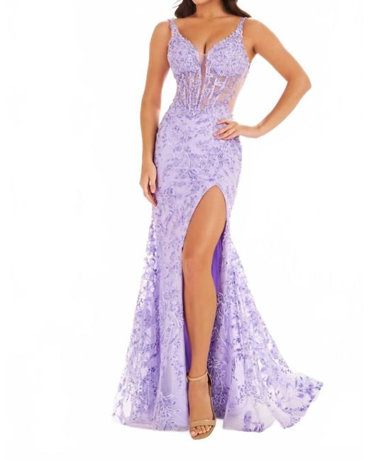 Ellie Wilde Purple Embroidered Tulle Mermaid Long Gown