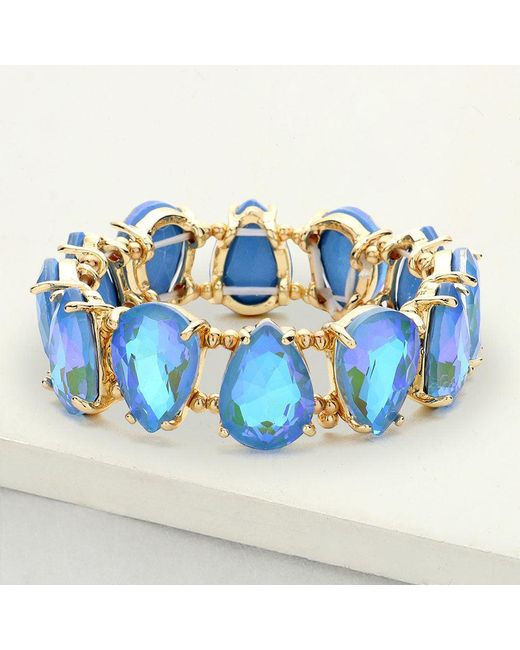 Fashnzfab Blue Teardrop Glass Stone Cluster Stretch Evening Bracelet Ab