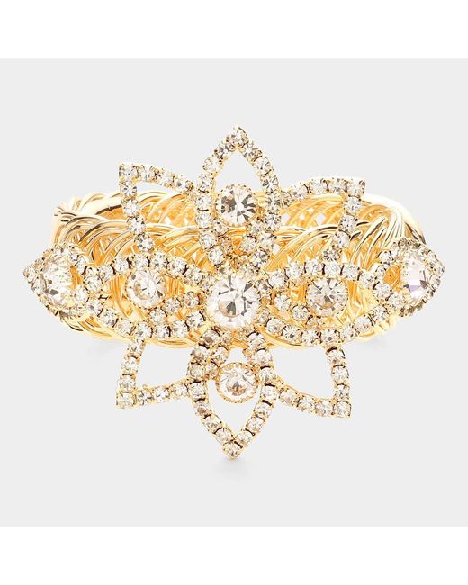 Fashnzfab Metallic Round Stone Pointed Rhinestone Paved Flower Adjustable Evening Bracelet Arm Cuff Clear