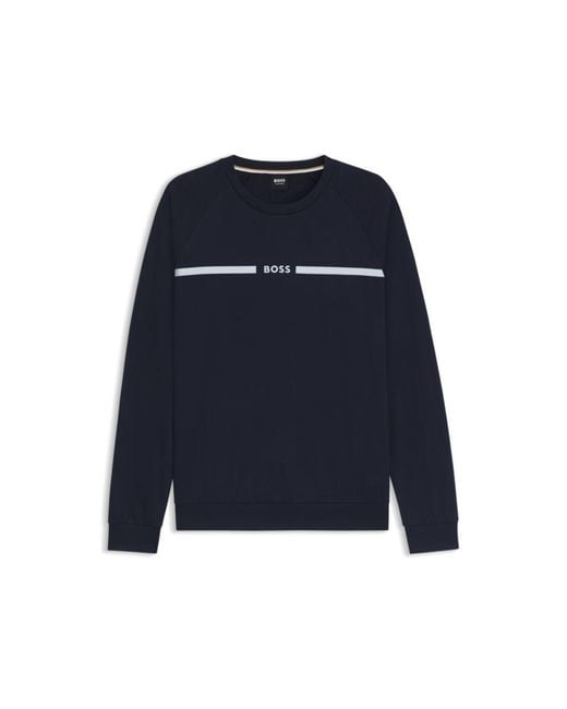 Boss Blue Cotton-Terry Sweatshirt With Stripe And Logo for men