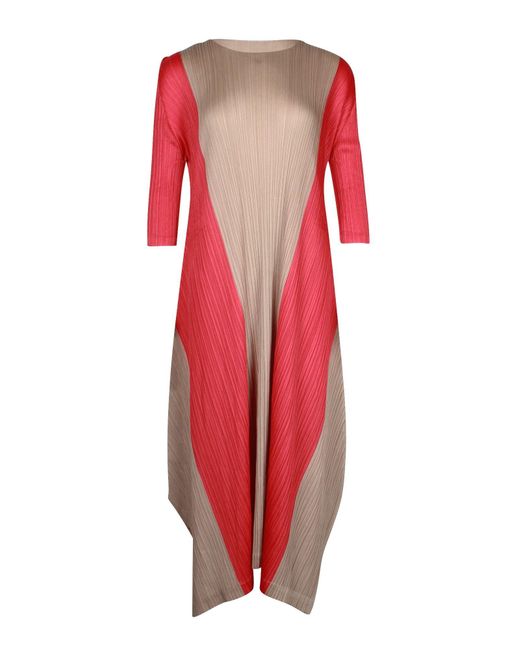 Pleats Please Issey Miyake Beige And Red Long Sleeved Pleated Dress