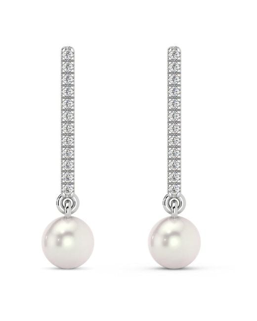 Pompeii3 White 6mm Pearl & Diamond Dangle Earrings 14k Gold Tennis Earrings Lab Grown