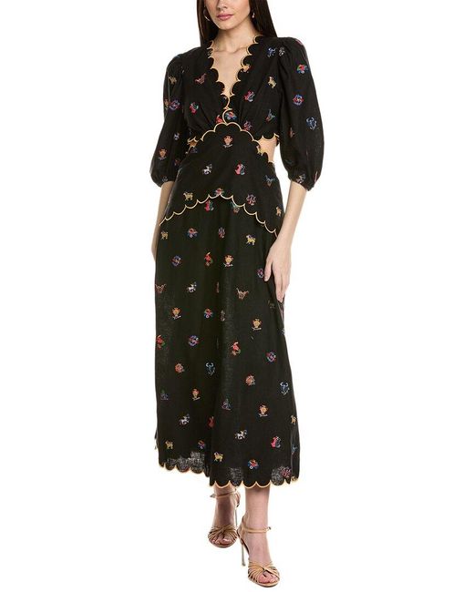 Farm Rio Black Cross Stitch Embroidered Linen-blend Maxi Dress