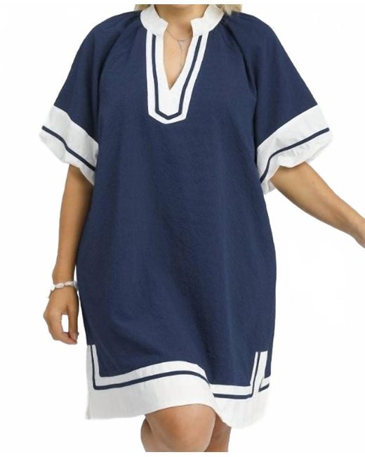 Umgee Blue Textured Colorblock V-Neck Mini Dress