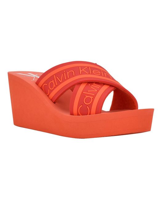 Calvin Klein Red Resort Slide Platform Wedge Sandals