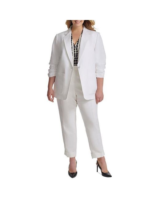 Calvin Klein Gray Plus Ruched Linen One-Button Blazer