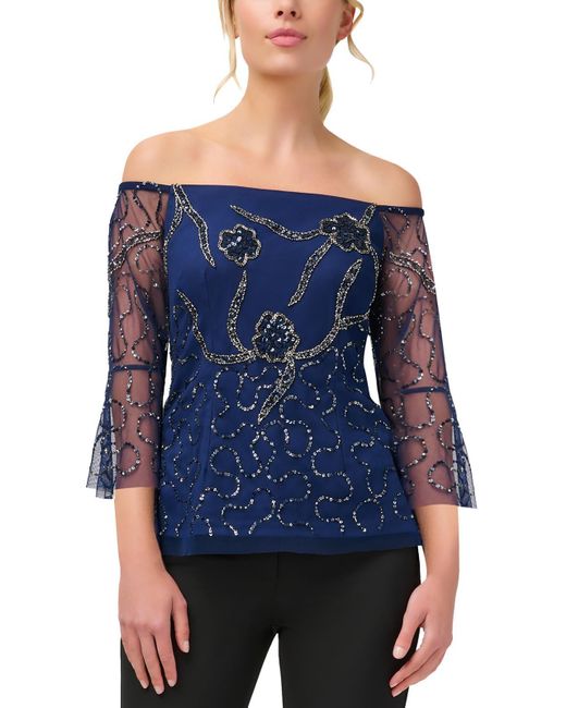 Adrianna Papell Blue Sequined Beaded Blouse