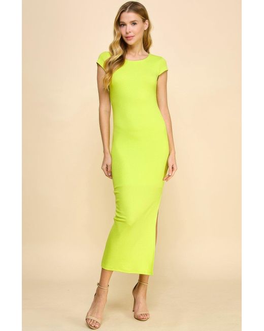 TRUEDAMES Yellow Crew Neck Cap Sleeve Rib W/ Lining Maxi Dress