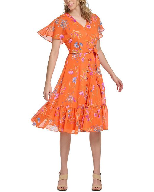 Calvin Klein Orange Petites Floral Print Knee Length Fit & Flare Dress
