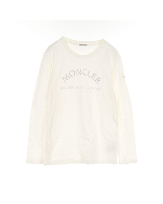 Moncler White Long Sleeve T-shirt Crew Neck Logo Print Cotton Ivory